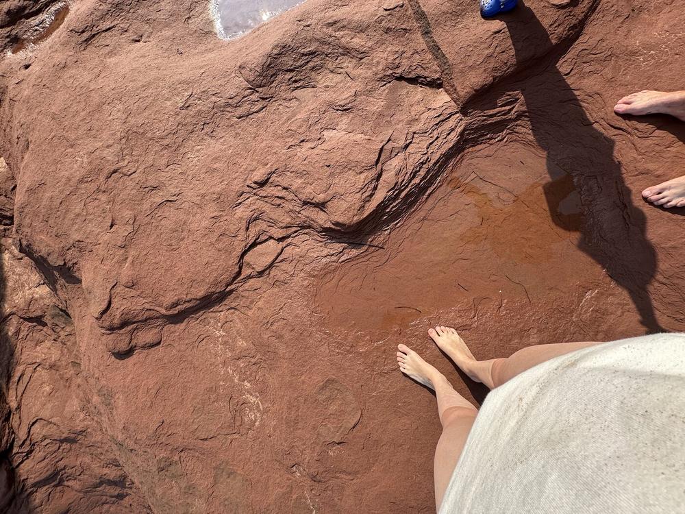 Bare feet standing on red sandstone outdoors