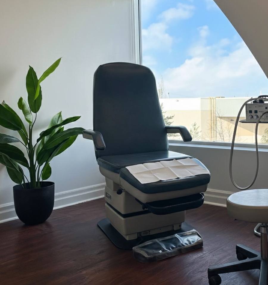A treatment chair beside a large window in a bright treatment room at Aurora Foot Clinic & Orthotic Centre